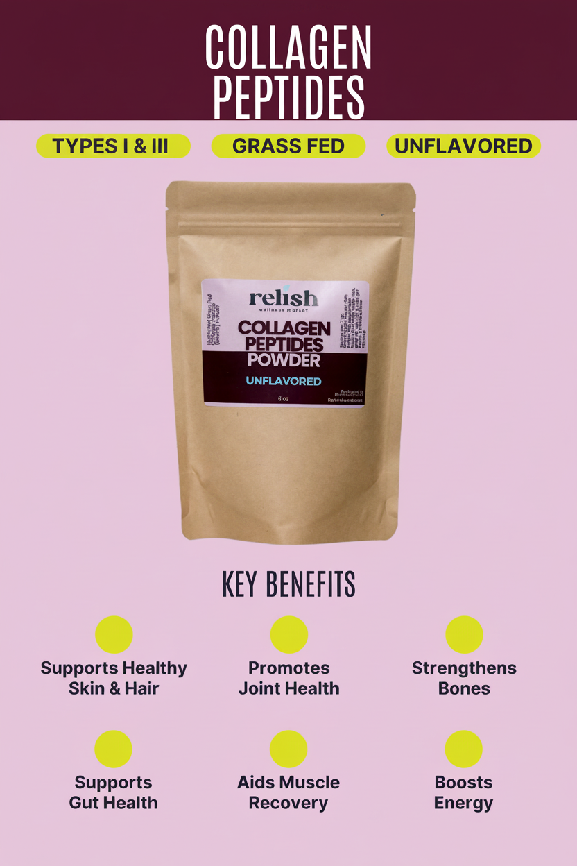 Collagen Peptides Infographic listing benefits and attributes on a pink background