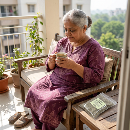 Woman on a balcony sitting in a chair and enjoying Damiana Leaf tea by Relish Market with the pouch nearby