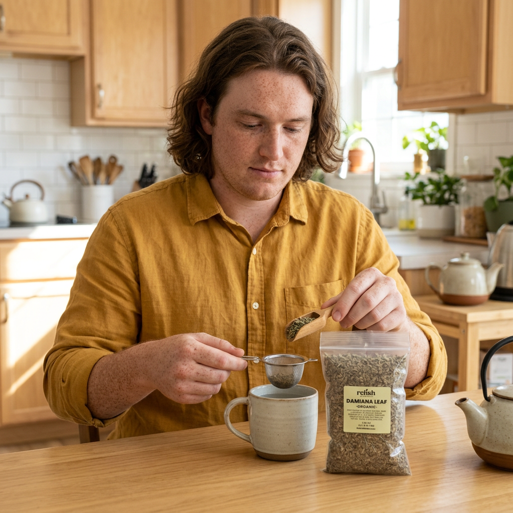Man sitting at a kitchen table preparing loose Damiana Leaf tea by Relish Market
