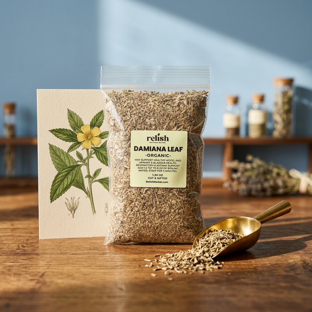 Packaged Damiana Leaf by Relish Market on a botanical workbench with a scoop of damiana leaf.