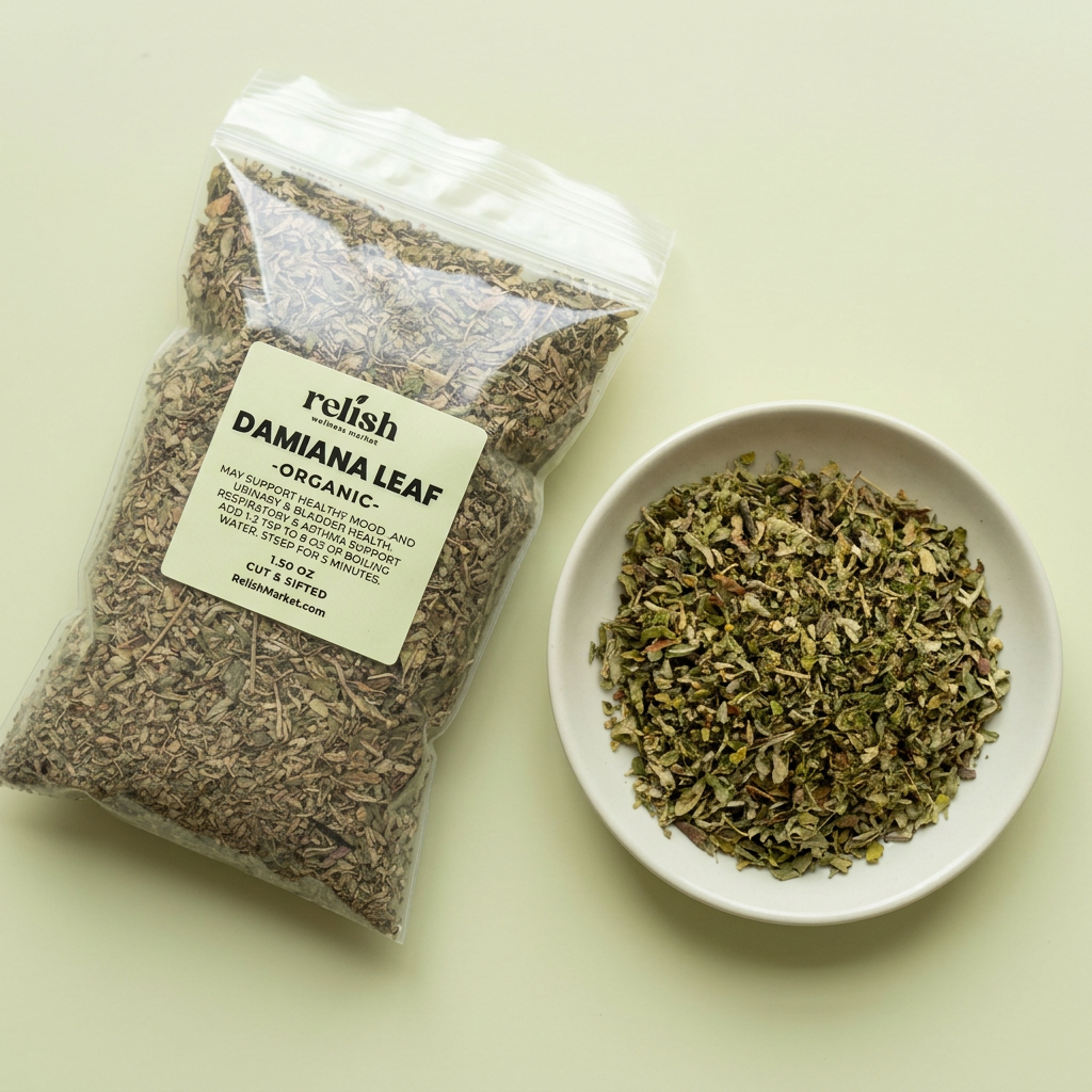 Damiana Leaf pouch and loose leaves in a clean pale-green composition