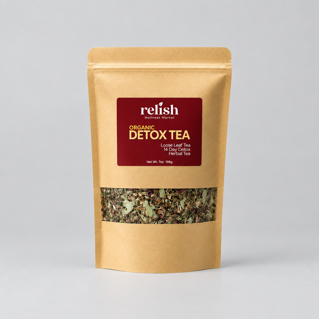 A kraft paper stand-up pouch of Relish Market Organic Detox Tea with a dark red label, set against a neutral light gray background.