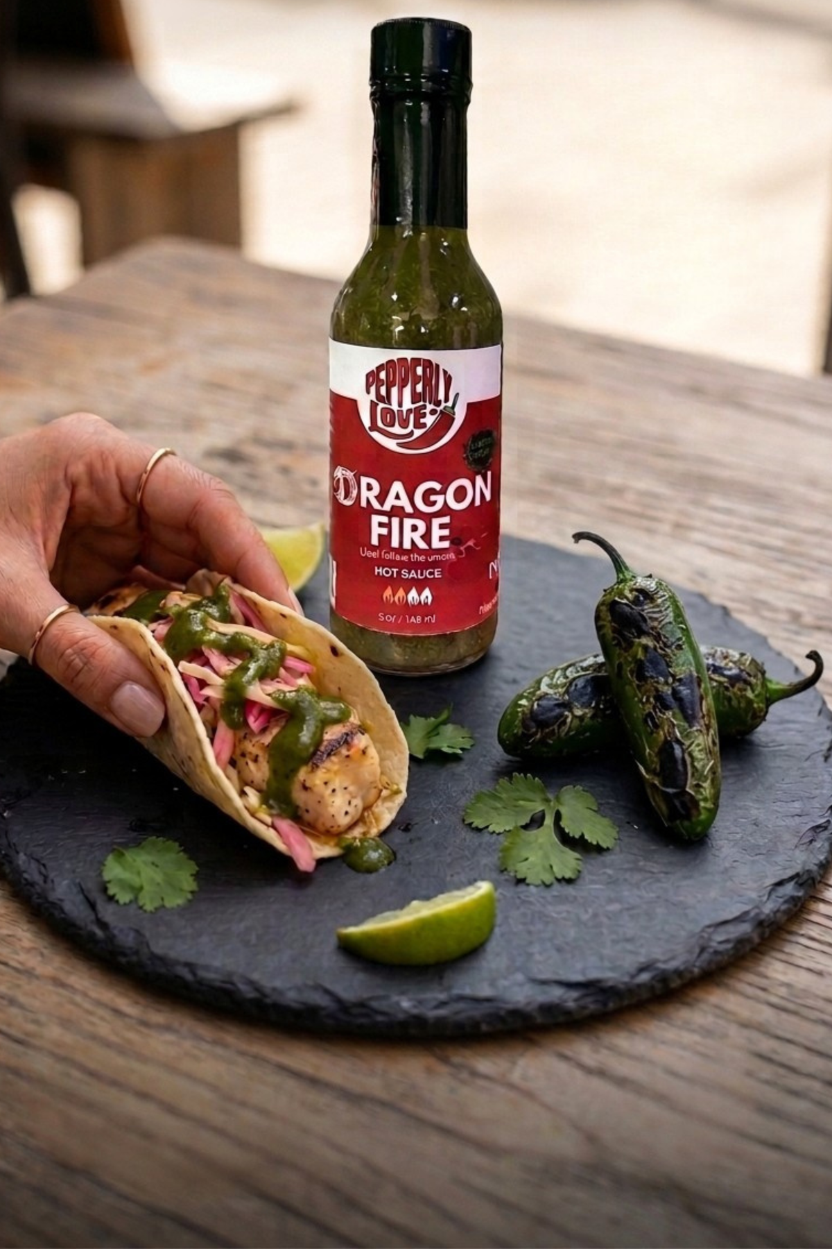 A bottle of Pepperly Love Dragon Fire hot sauce stands on a wooden table beside a hand holding a taco with green sauce, lime wedges, jalapeños, and cilantro on a dark slate platter.