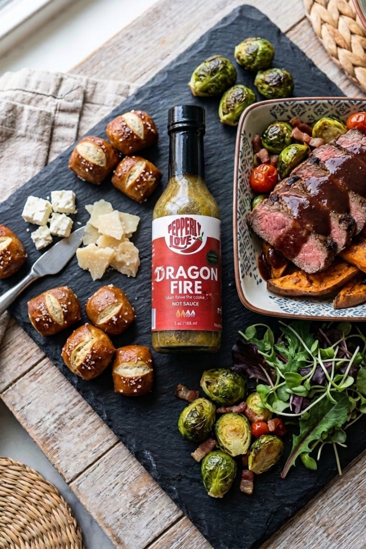 A bottle of Dragon Fire Steak Sauce is displayed on a black slate platter surrounded by food props, including pretzels, cheese, Brussels sprouts, roasted sweet potatoes, and a steak, on a rustic wooden table.
