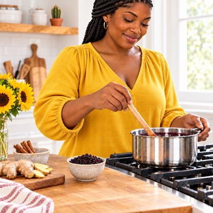Woman with braids and a yellow top preparing elderberry syrup beside a bowl of dried elderberries by Relish Market.
