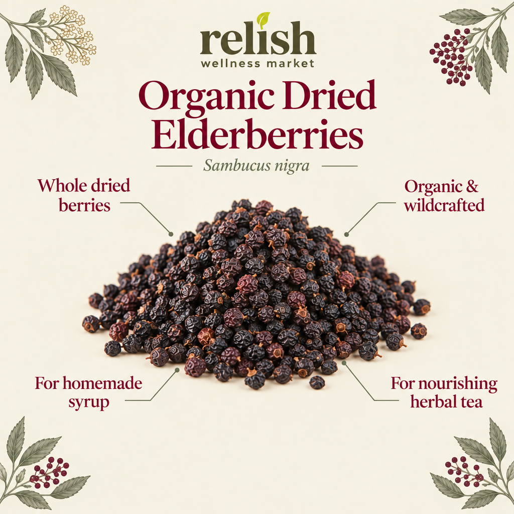 Dried elderberries infographic with a mound of dried elderberries and text: Whole dried berries, Organic & wildcrafted, For homemade syrup, and For nourishing herbal tea. all on a light green background with the Relish Market logo at the top.
