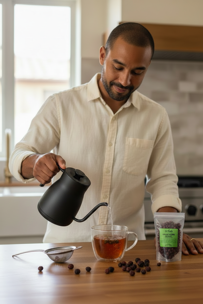 A man in a cream button-down shirt pours hot water from a matte black gooseneck kettle into a clear glass cup containing tea leaves. A small stainless steel strainer and a stand-up pouch of tea with a green label sit on a wooden countertop in a bright kitchen.