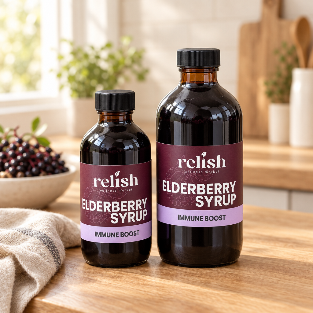 Two jars of Relish Market's Elderberry syrup in a warm kitchen