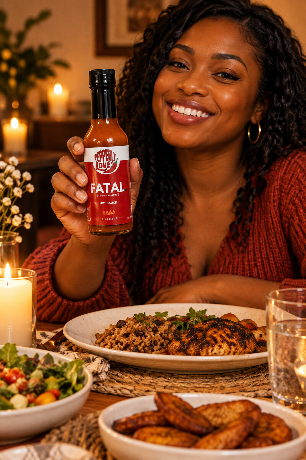 Fatal hot sauce by Pepperly Love held by an ethnic woman who is sitting at a dinner table with a full meal. Candles in the background and a warm overall feel.