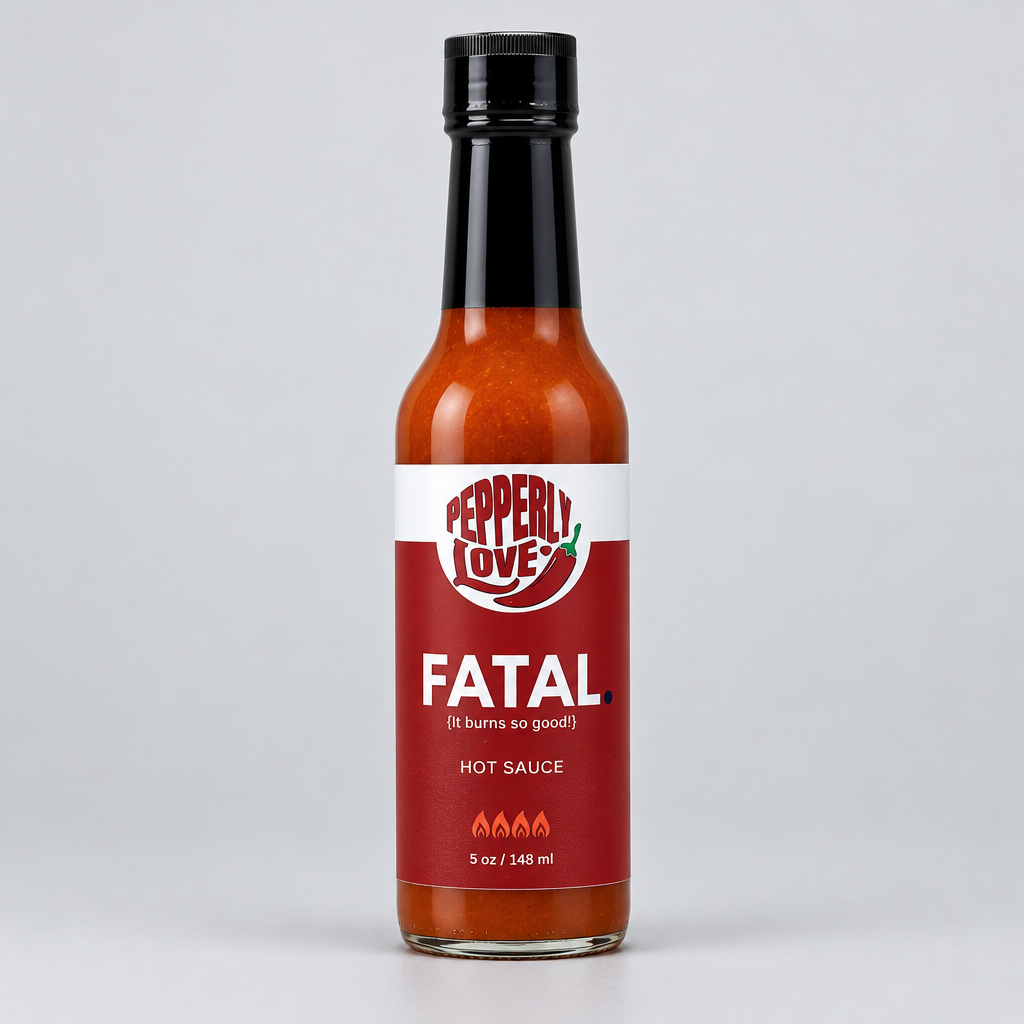 Large Fatal Hot Sauce on a light grey background.