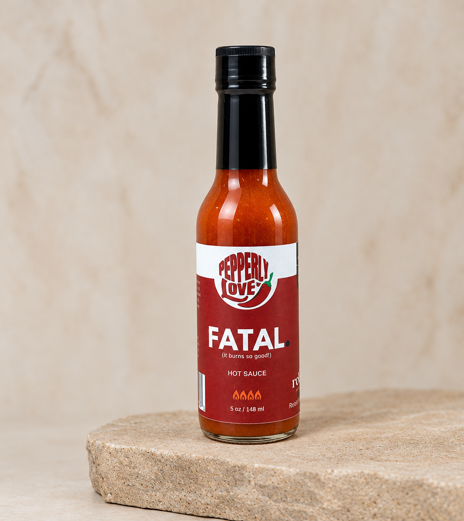 A bottle of Pepperly Love Fatal Hot Sauce stands on a stone pedestal against a neutral beige background. The bottle is filled with red hot sauce, has a black cap, and a red and white label.