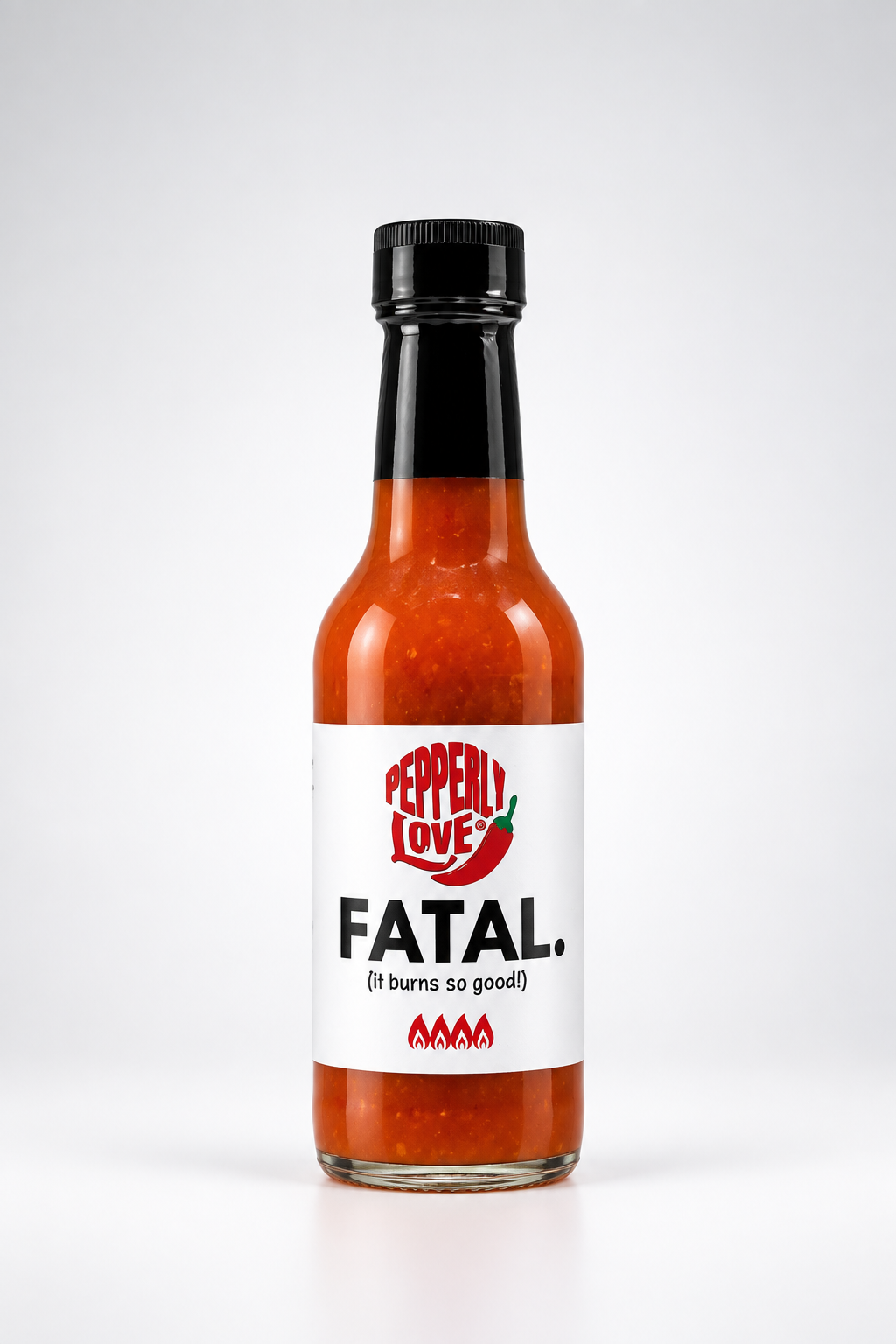 A bottle of Pepperly Love 'Fatal' hot sauce, featuring a white label with red and black text, filled with vibrant orange-red sauce, and topped with a black cap, set against a clean white background.