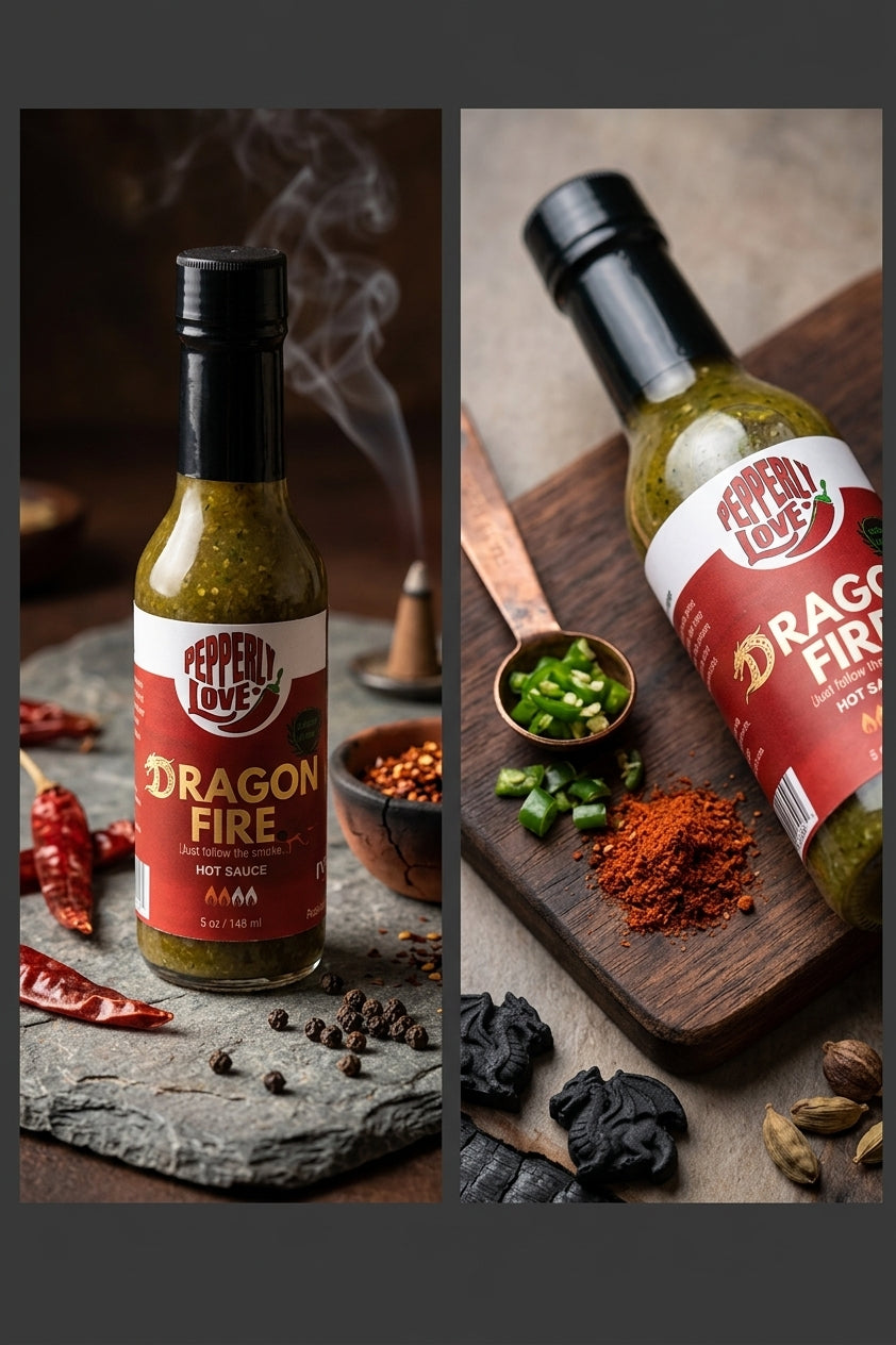 Two bottles of Pepper Love Dragon Fire hot sauce shown in a split product composition. The left bottle stands upright on a stone surface with dried red chilies, peppercorns, and smoke around it. The right bottle is laying on a wood plank with red pepper powder in a mound and green chilies on a brass spoon.
