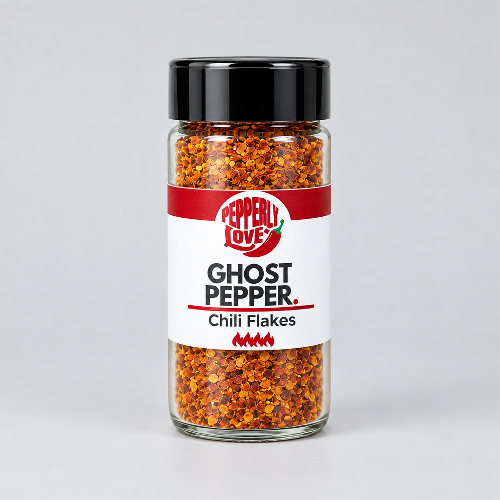 A glass jar of Ghost Pepper Chili Flakes seasoning with a black lid and a white label featuring the 'Pepperly Love' brand logo, set against a neutral light gray background.