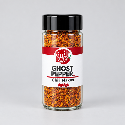 A glass jar of Ghost Pepper Chili Flakes seasoning with a black lid and a white label featuring the 'Pepperly Love' brand logo, set against a neutral light gray background.