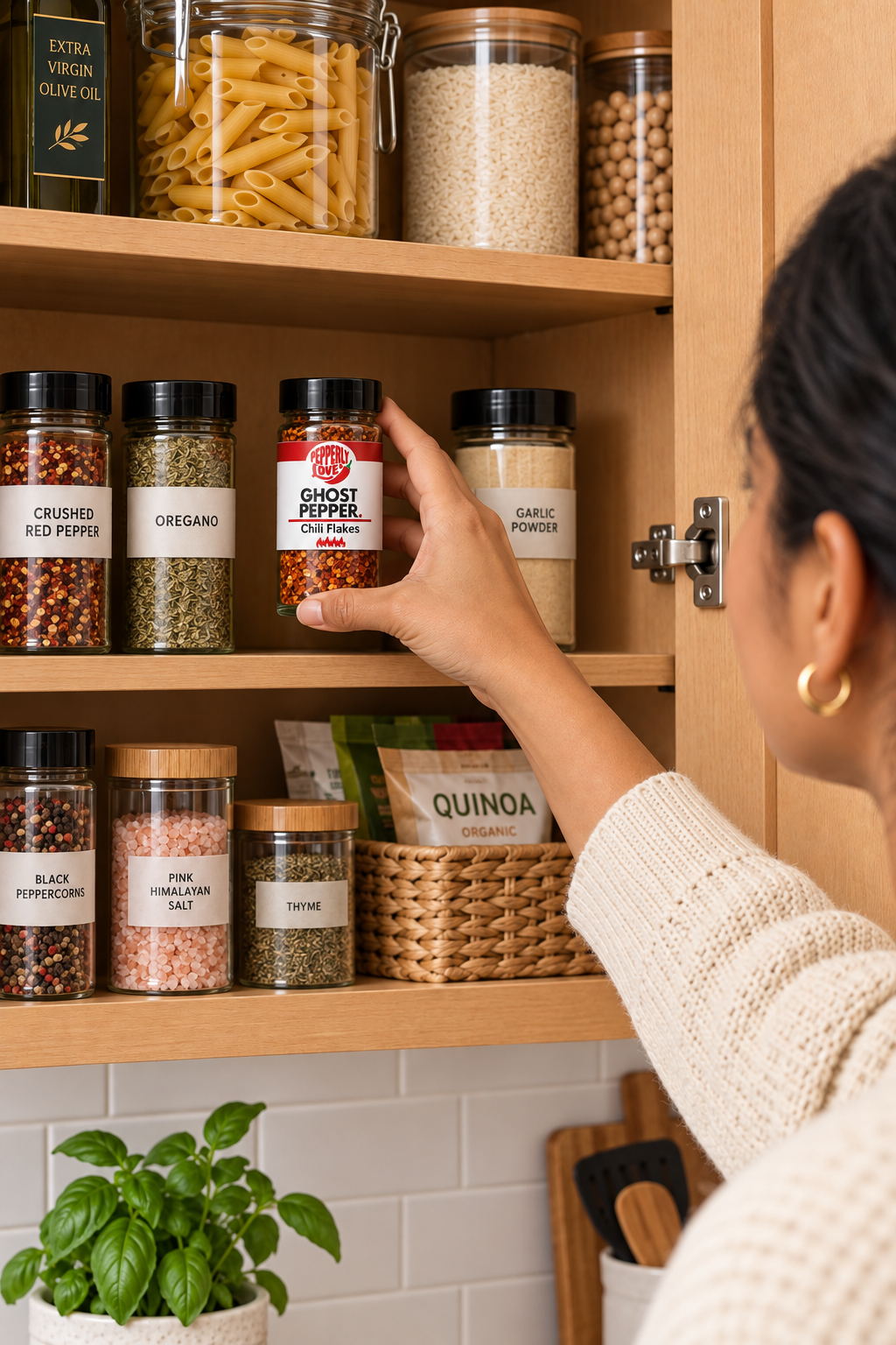 A person reaches for a jar of Pepperly Love Ghost Pepper flakes from a wooden kitchen spice cabinet, surrounded by other labeled spice jars, a basket, and a potted basil plant.