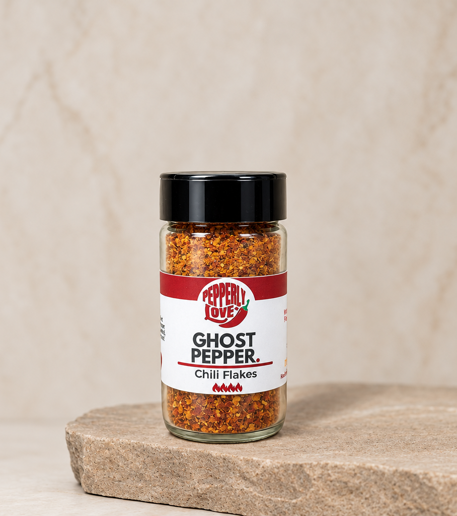 A bottle of Pepper Love Ghost Pepper Chili Flakes standing on a stone slab against a textured beige background.