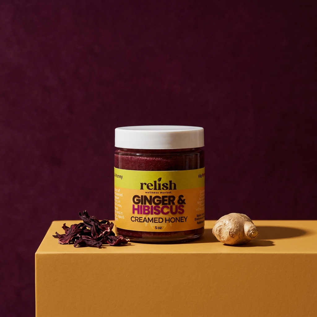 A jar of Ginger & Hibiscus Creamed Honey by Relish Market on a bold yellow surface, a bold plum background with pieces of hibiscus flowers and fresh ginger piece. Raw, unfiltered honey.