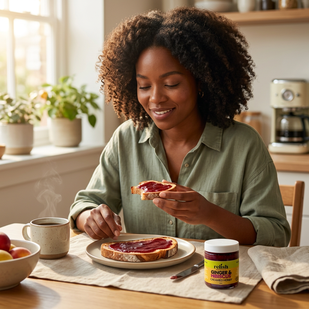 Woman sitting at a kitchen table enjoying breakfast  with a cup of tea and toast with Ginger & Hibiscus Creamed Honey by Relish Market. Raw and unfiltered creamed honey.