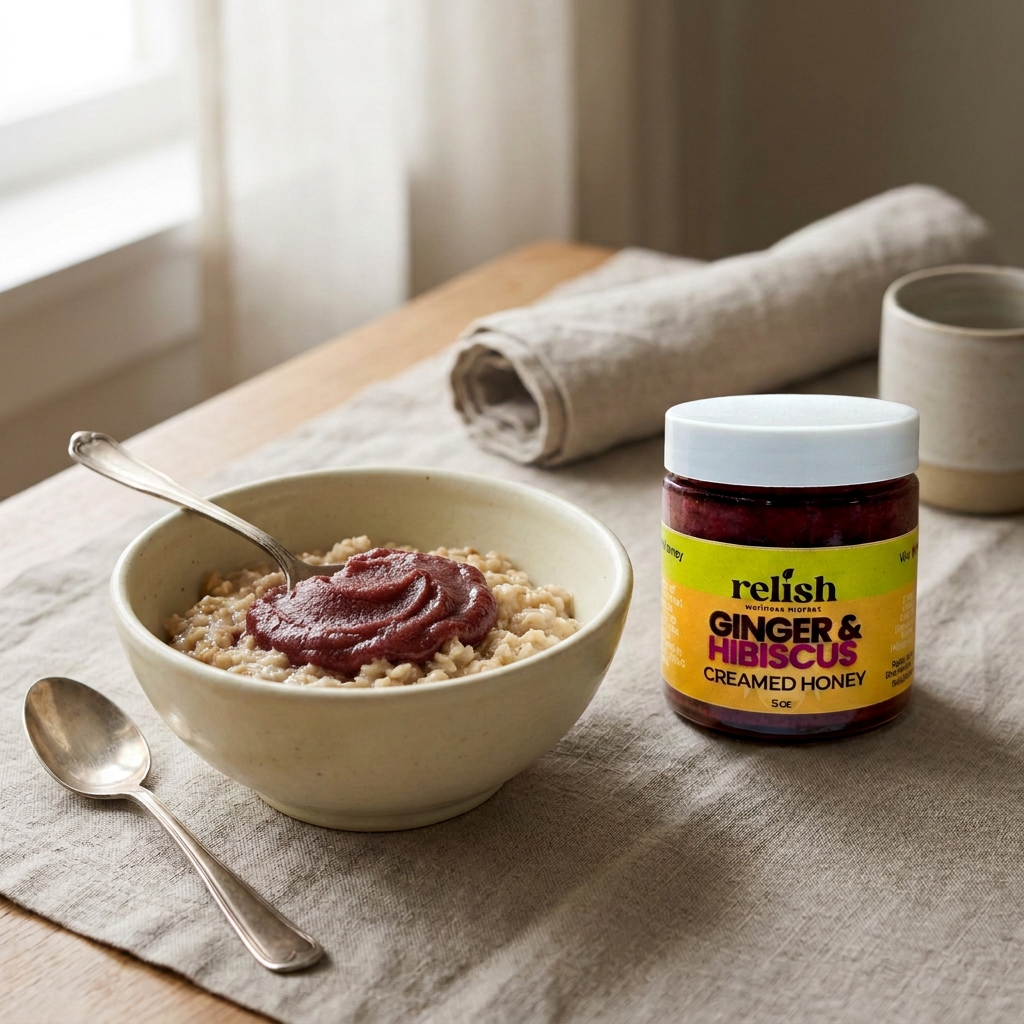 A jar of Relish Market Ginger & Hibiscus Creamed Honey sits on a linen table runner next to a bowl of oatmeal topped with a swirl of the dark red honey, with a spoon and a rolled cloth in a softly lit kitchen setting.