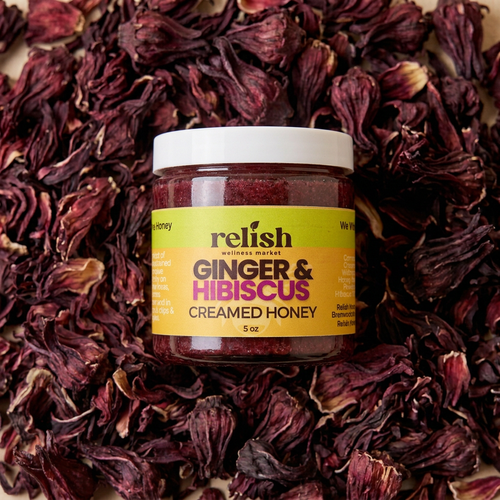 A jar of Ginger & Hibiscus Creamed Honey by Relish Market on a bed of dried hibiscus flowers