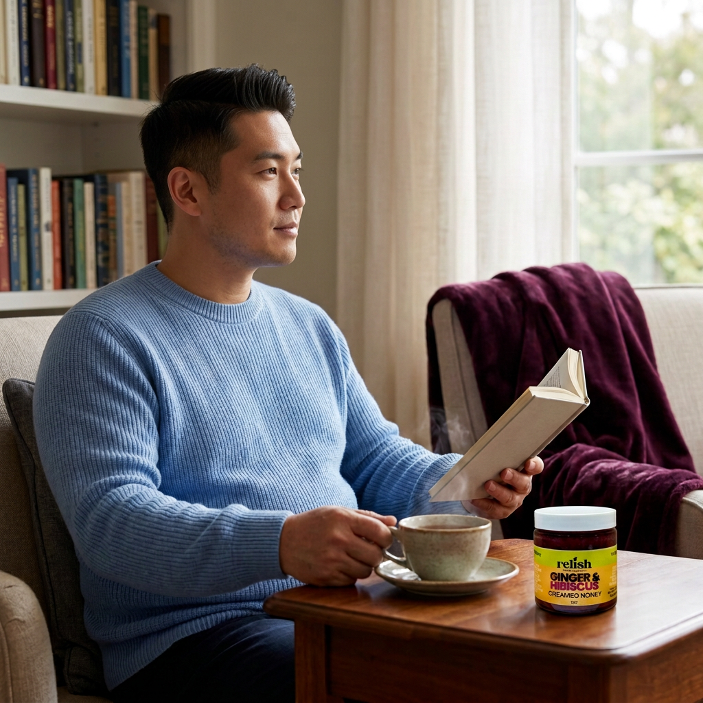 Man sitting in a home library enjoying a cup of tea with Ginger & Hibiscus Creamed Honey by Relish Market.