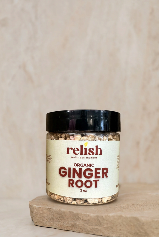 Relish Market Organic Ginger Root on a stone slab and neutral background 
