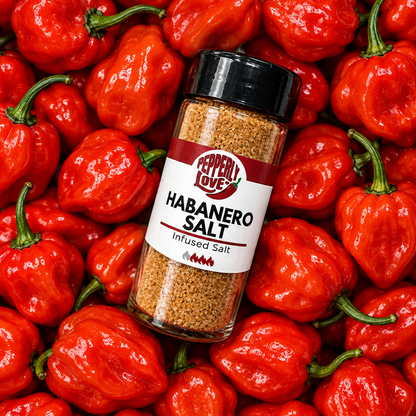A bottle of Pepperly Love Habanero Salt centered on a dense background of bright red habanero peppers. The clear glass bottle shows the browned infused salt inside and has a black lid with a white and red label.