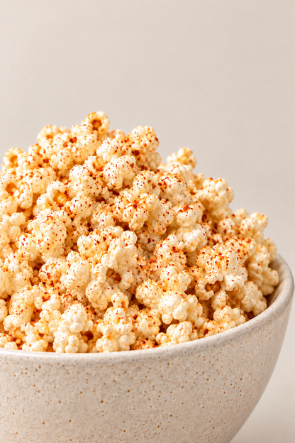 Habanero Salt Seasoned popcorn in a speckled ceramic bowl against a warm neutral background.