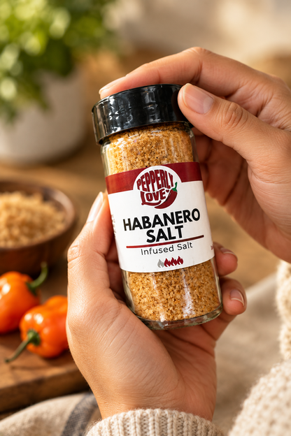 A person holds a glass jar of Pepperly Love Habanero Salt Infused Salt in a warm, close-up setting with fresh habanero peppers and a wooden cutting board in the background.