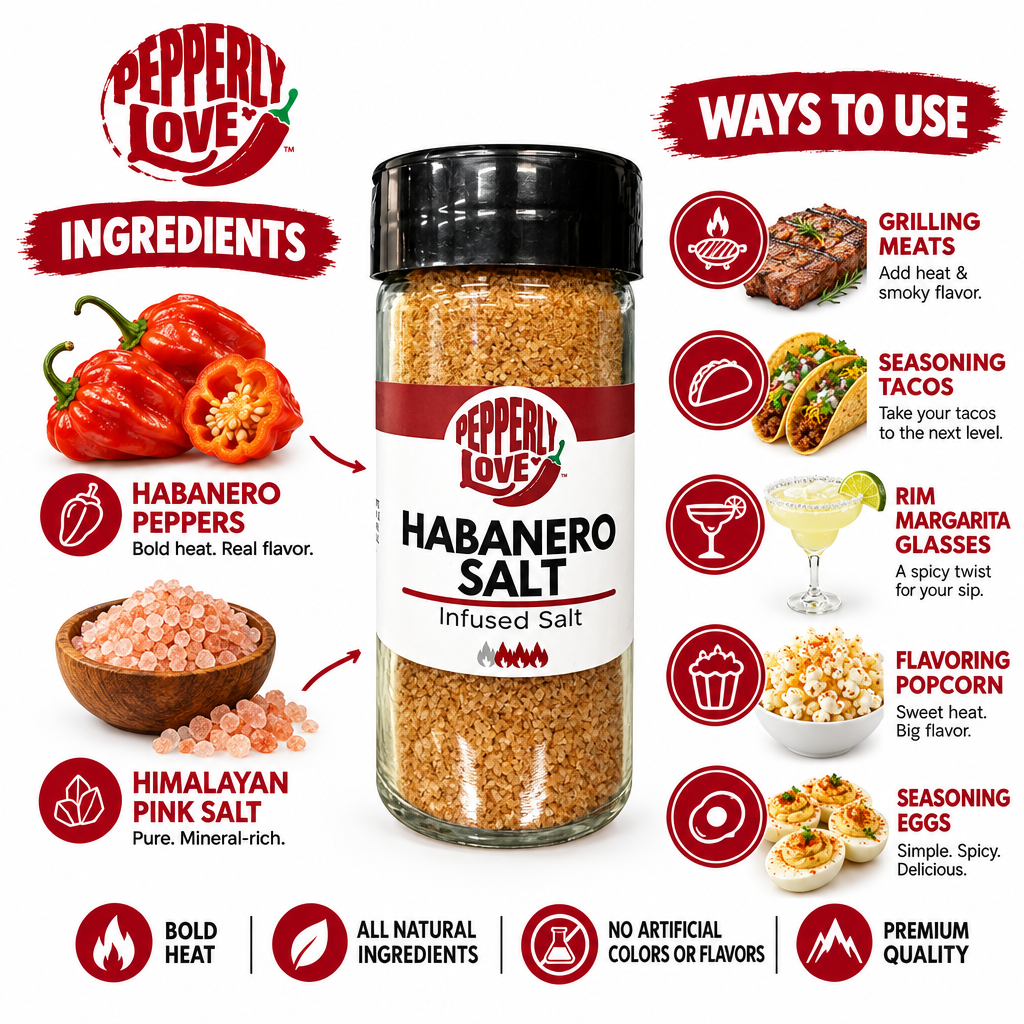 Pepperly Love Habanero Salt Infused Salt in a clear glass jar with a black lid, surrounded by ingredient illustrations (habanero peppers, pink salt), usage tips, and product benefits on a white background.