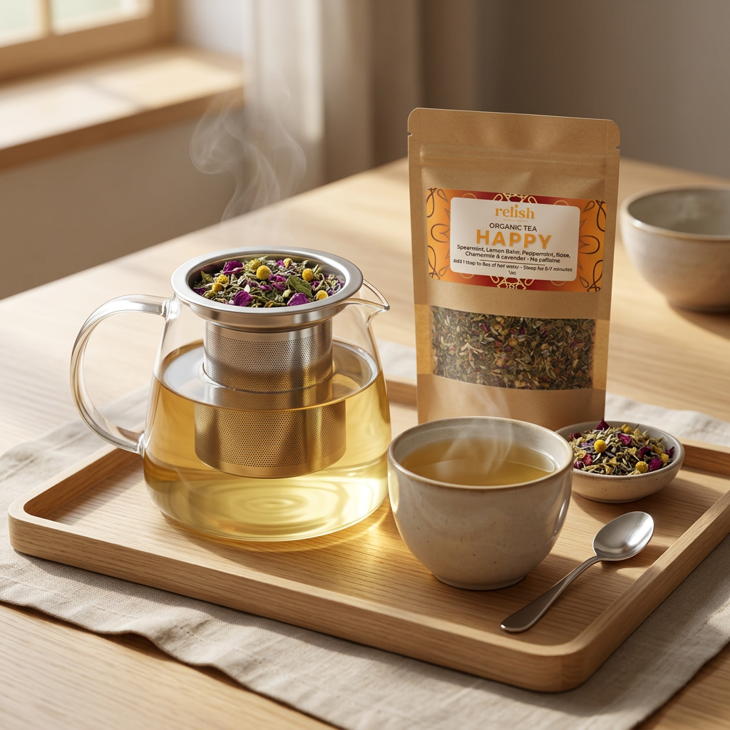 Happy loose leaf tea steeping in a glass teapot beside a cup