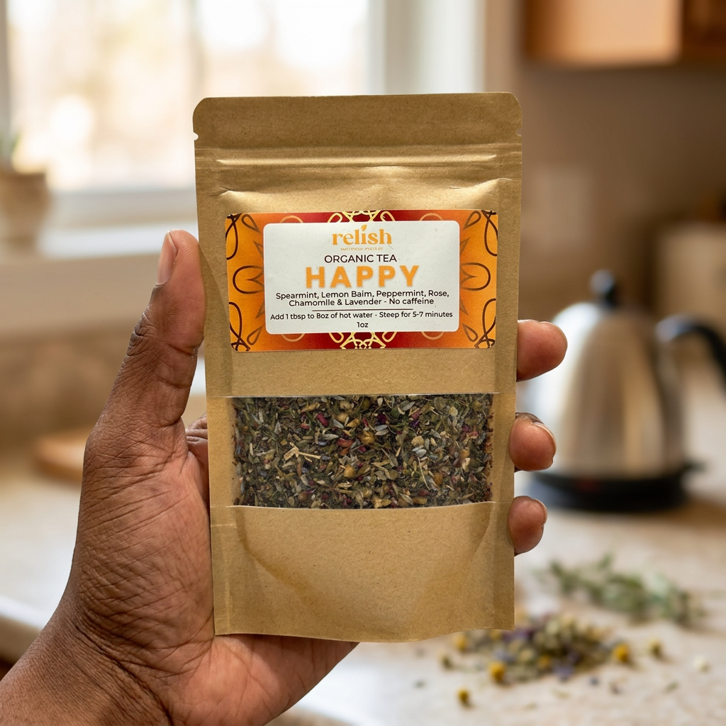 Black person's hand holding a bag of Relish Market Happy Organic Loose Leaf Tea in a kitchen with a stainless steel tea pot blurred in the background.