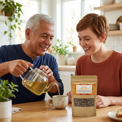 Two adults sharing Happy loose leaf tea at a breakfast table