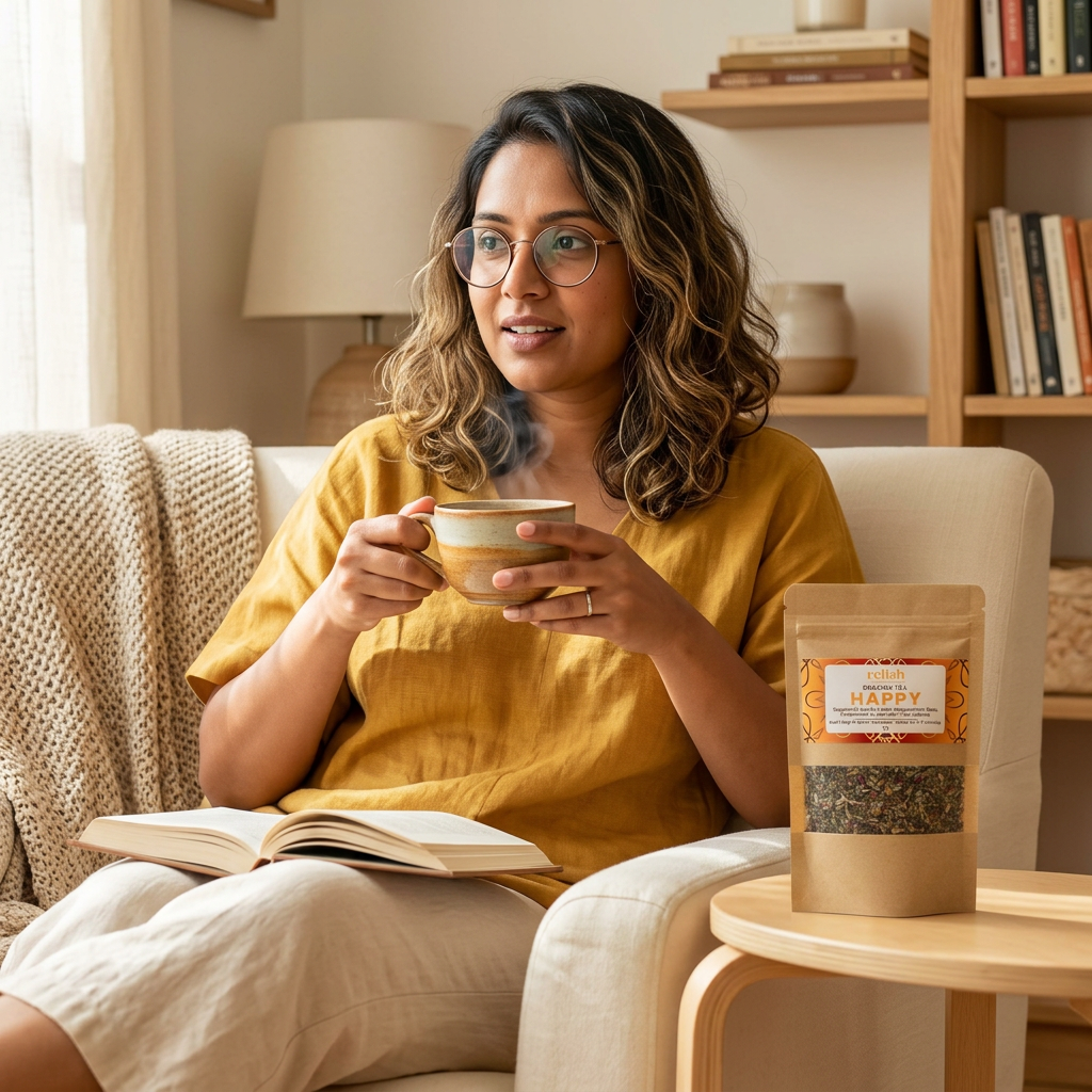 Woman enjoying a cup of Relish Market's Happy tea blend in a reading nook