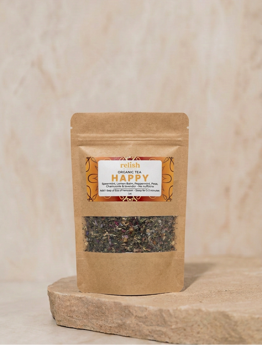 A Kraft stand-up pouch of Relish Market Happy Organic Tea placed on a light stone slab against a soft beige textured background. The pouch has a clear window showing loose-leaf tea inside and a front label reading 'HAPPY'.
