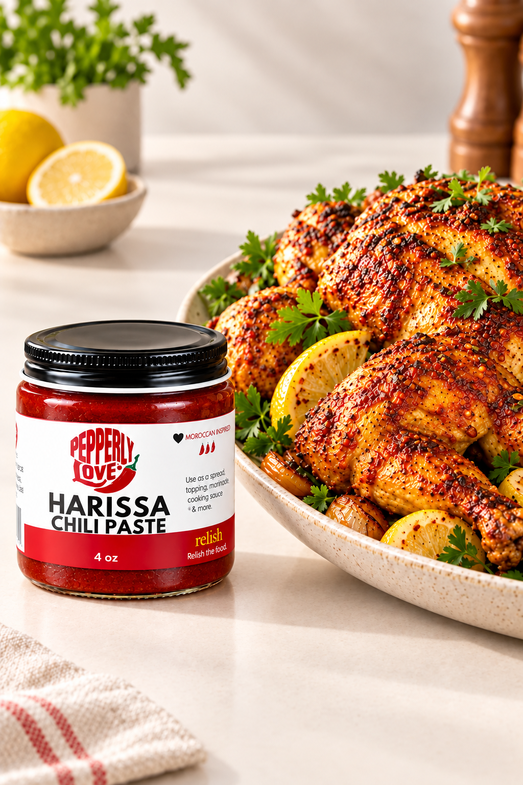 A jar of Pepperly Love Harissa Chili Paste placed in front of a plated roasted chicken with lemon slices and parsley on a dining table. The product jar is clear with red chili paste visible, a black lid, and a red-and-white label.