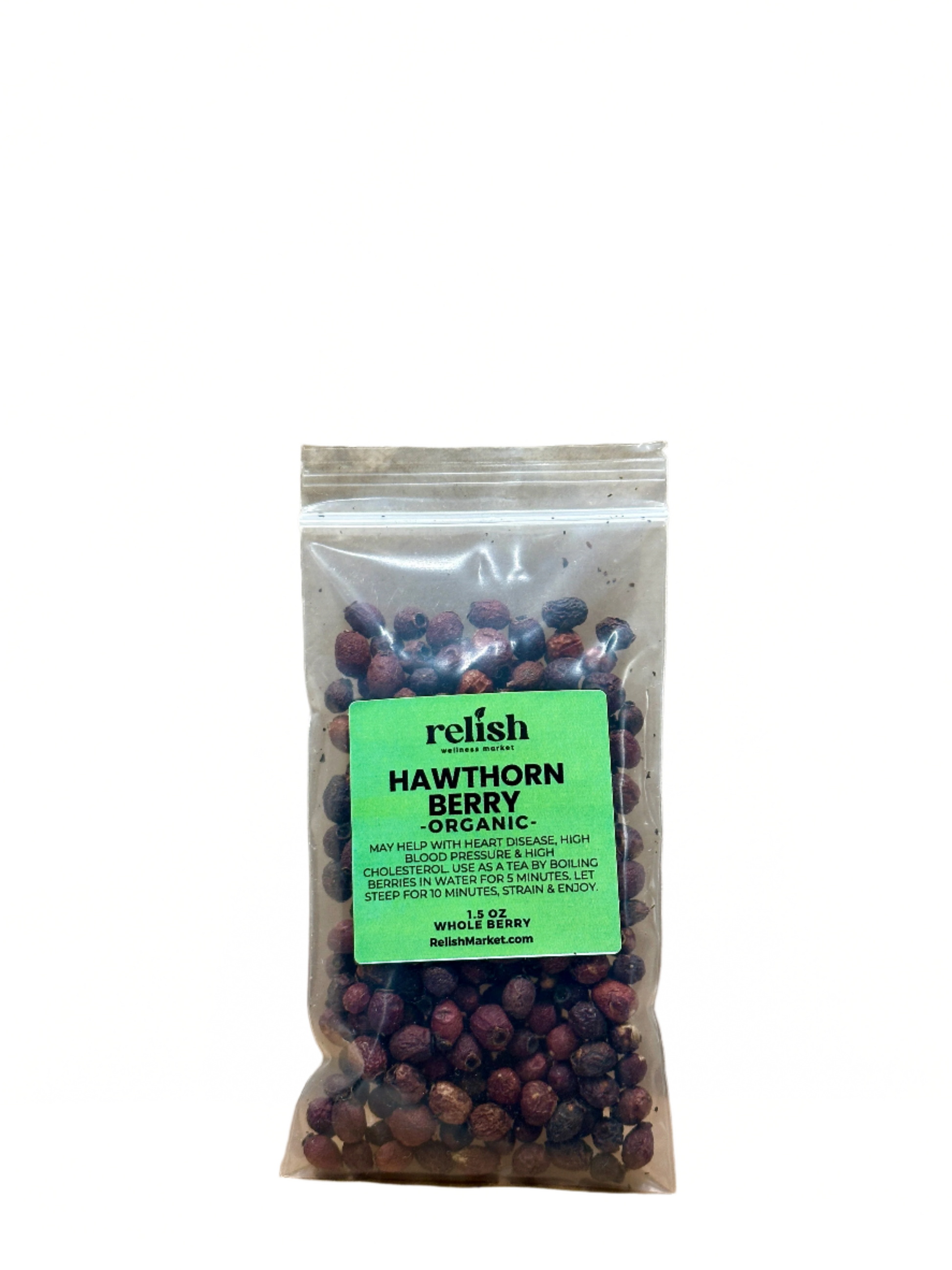 A clear zip bag of dried Hawthorn Berries by Relish Market
