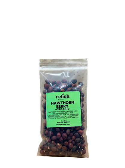 A clear zip bag of dried Hawthorn Berries by Relish Market
