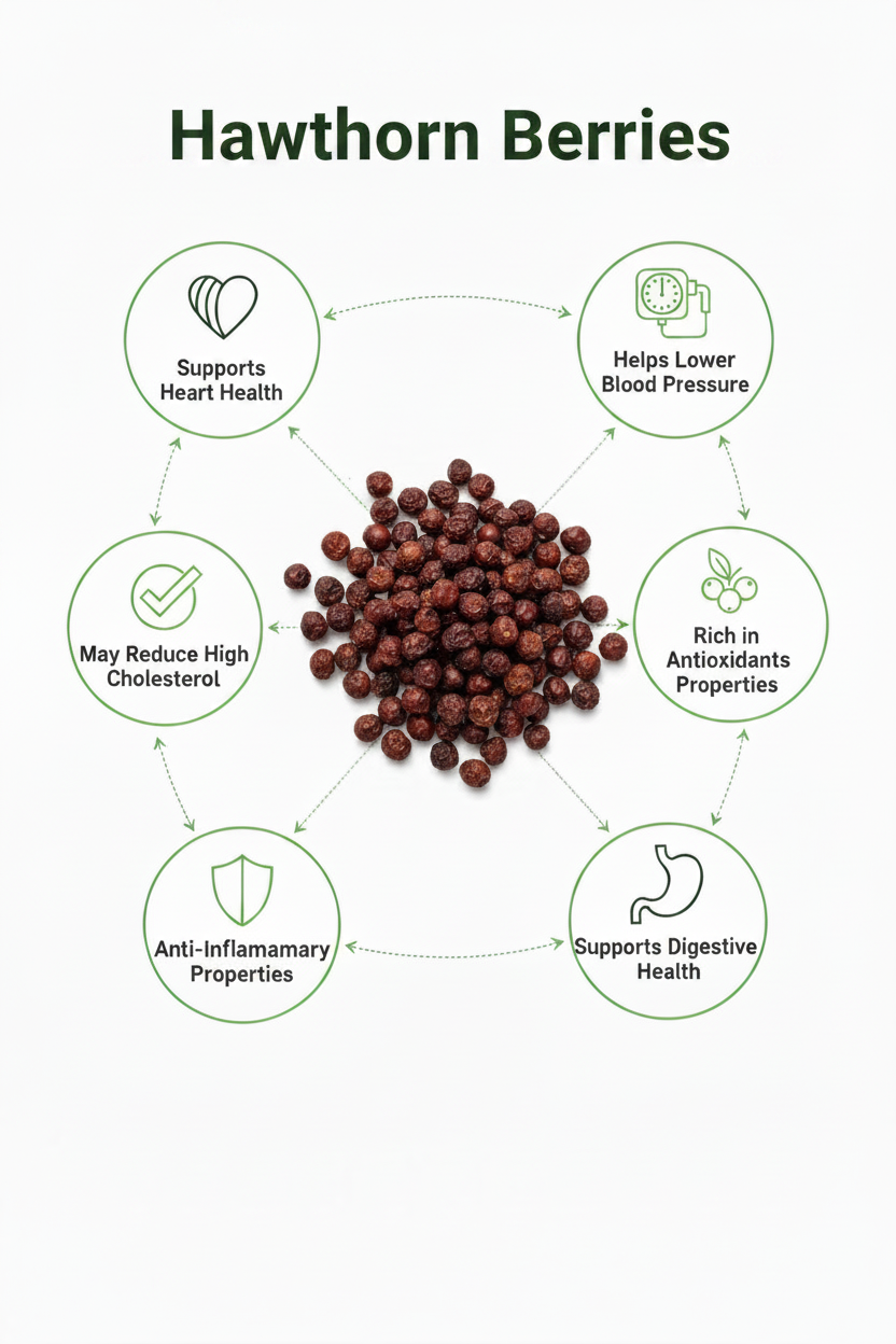 A product infographic for Hawthorn Berries, showing a central pile of dark reddish-brown berries surrounded by six green circular icons detailing health benefits: supports heart health, lowers blood pressure, reduces cholesterol, has antioxidant properties, supports digestive health, and is anti-inflammatory.