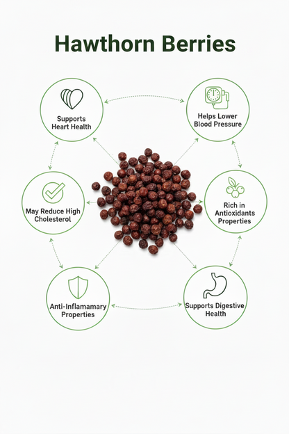 A product infographic for Hawthorn Berries, showing a central pile of dark reddish-brown berries surrounded by six green circular icons detailing health benefits: supports heart health, lowers blood pressure, reduces cholesterol, has antioxidant properties, supports digestive health, and is anti-inflammatory.