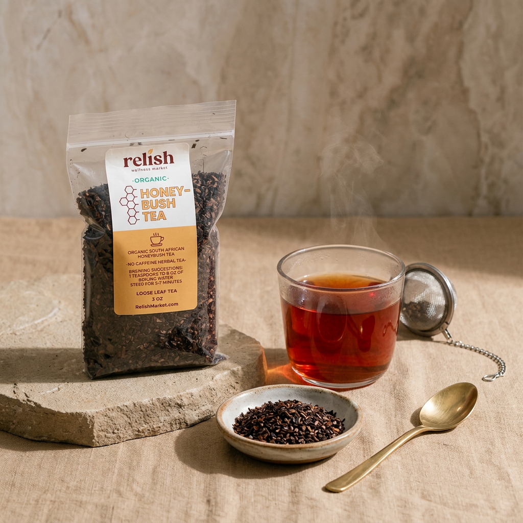 Honeybush tea by Relish Market displayed on a neutral background with a bowl of honey bush tea leaves and brewed tea close-up.
