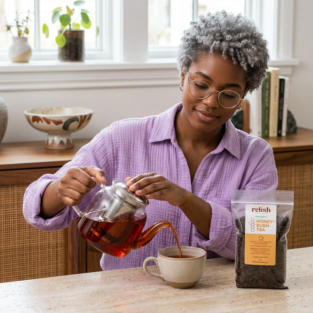 Woman pouring honeybush tea by Relish Market.