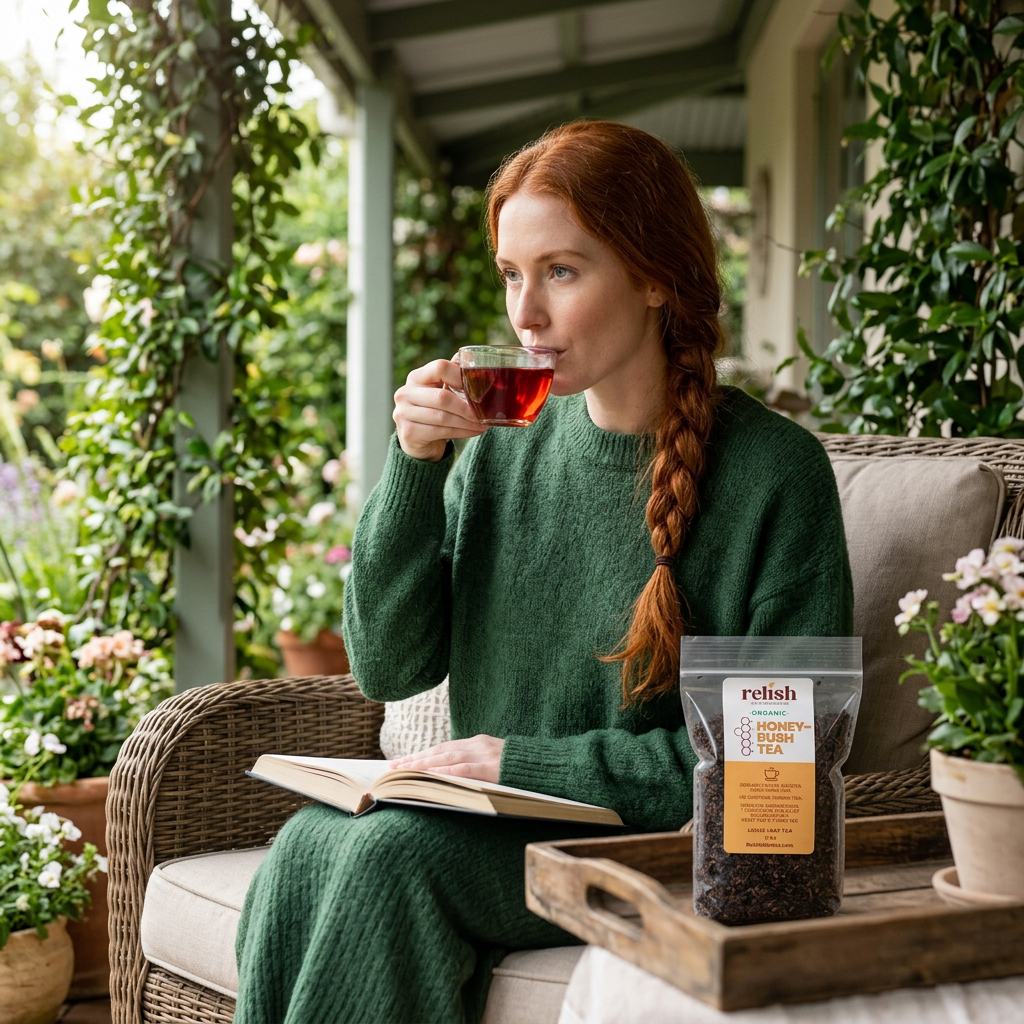 Woman enjoying honeybush tea on a terrace