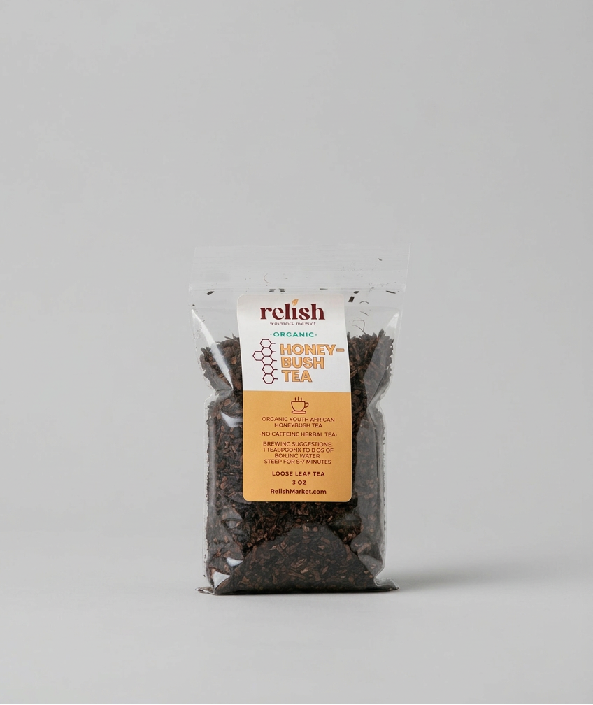 A clear stand-up pouch of Relish Market Organic Honey-Bush Tea on a light gray background. The packaging features a white and orange label, and the tea inside is visible through the transparent bag.