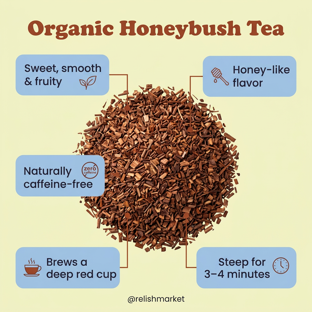 Honeybush tea infographic with a central mound and attributes such as fruity taste, honey-like flavor, caffeine free, deep red color and how to steep.