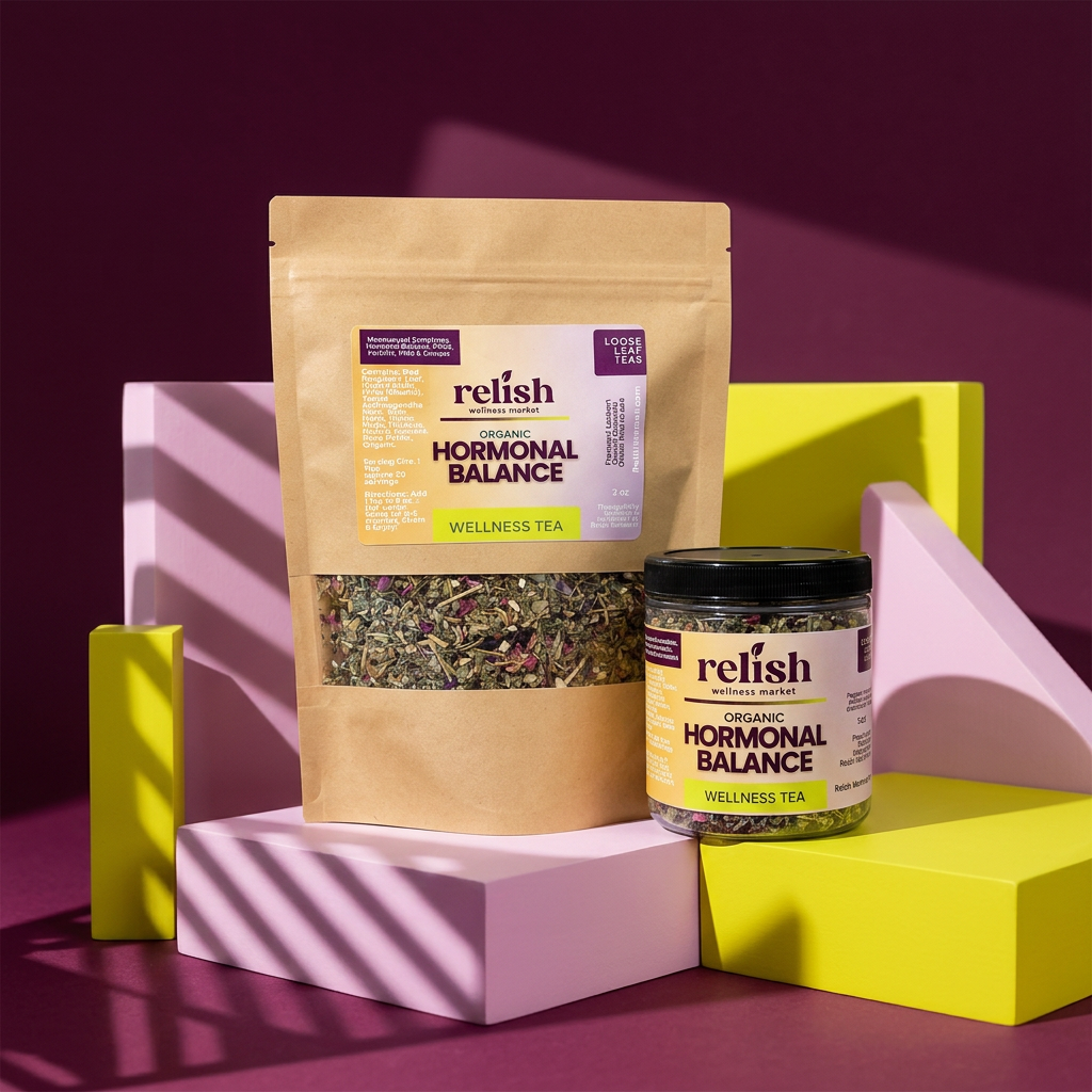Kraft bag and small jar with black lid of Hormonal Balance tea in a bold geometric product display