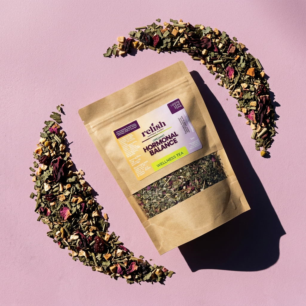 Kraft bag of Hormonal Balance Tea Blend by Relish Market on a pink background surrounded by its loose botanical blend