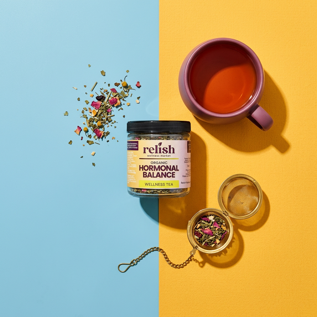 Hormonal Balance Blend jar and tea on a colorful split background with a cup of tea and a tea ball filled with the tea blend.