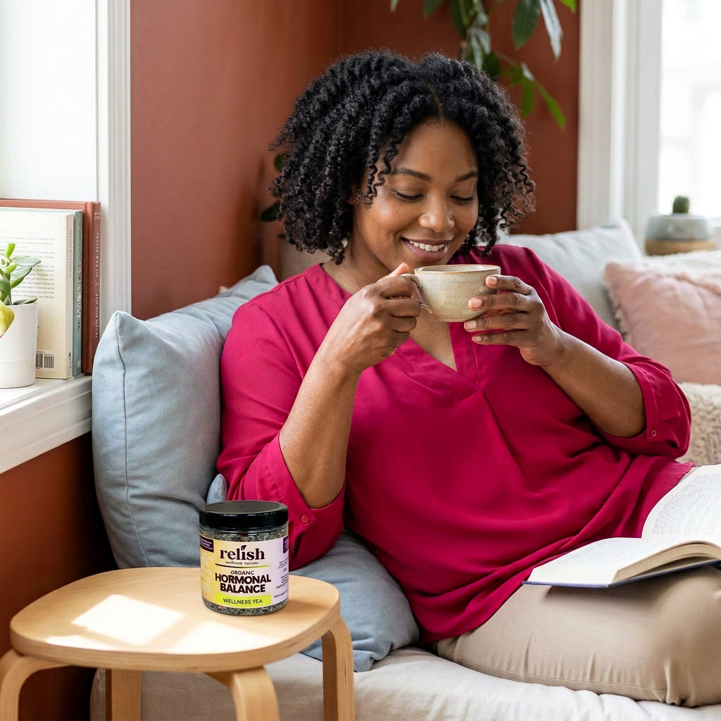 younger Black woman enjoying Hormonal Balance Tea Blend by Relish Market in a colorful reading nook